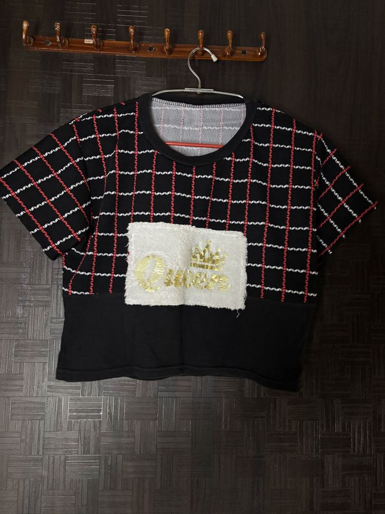 Black &amp; White Checked Top with Queen Graphic