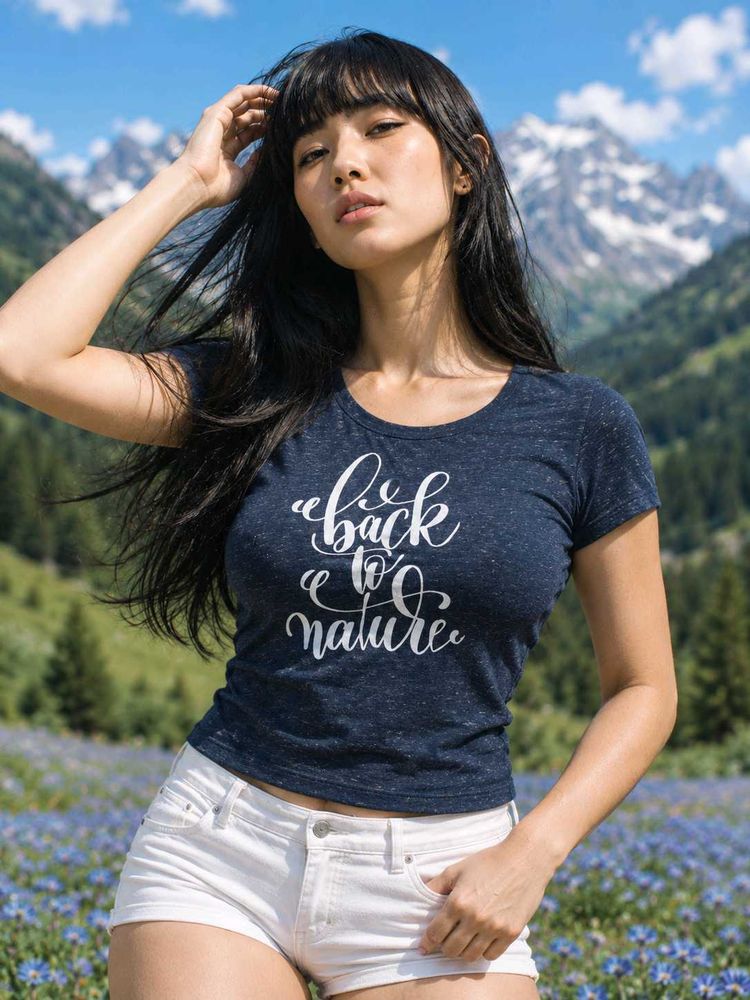 Navy Blue Marled Graphic Slub Knit Tees Tshirt Top