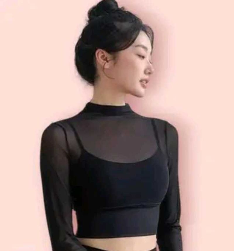 padded Sheer Black Long Sleeve Crop Top