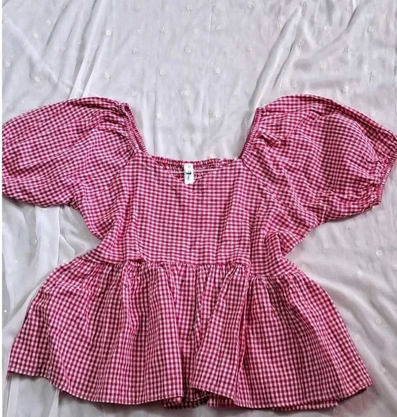 Chic Red Gingham Square Neck Top