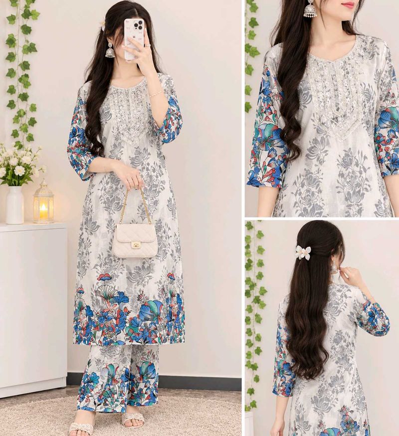 White Kurta with Floral Print