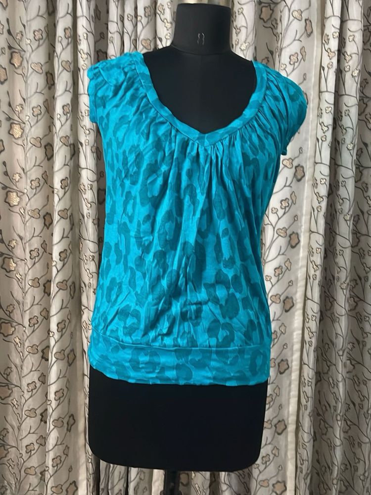 Blue Animal Print V-Neck Top