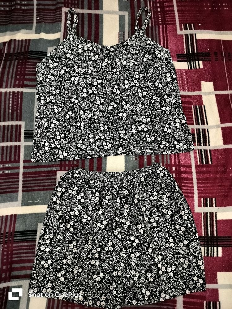 Black Flora Print Sorts And Top