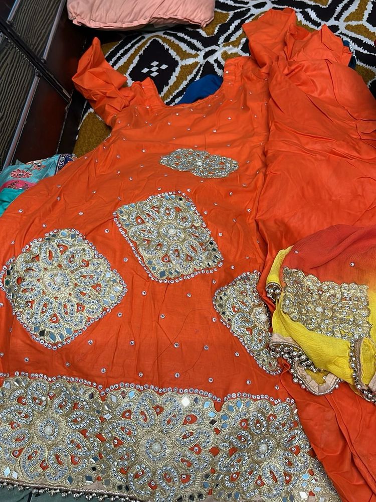 Orange Embellished Kurta Set