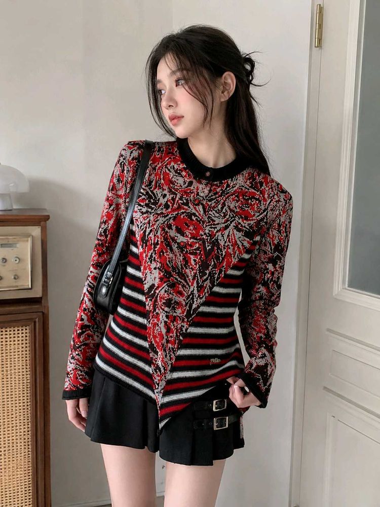 Stylish Red &amp; Black Striped Knit Top