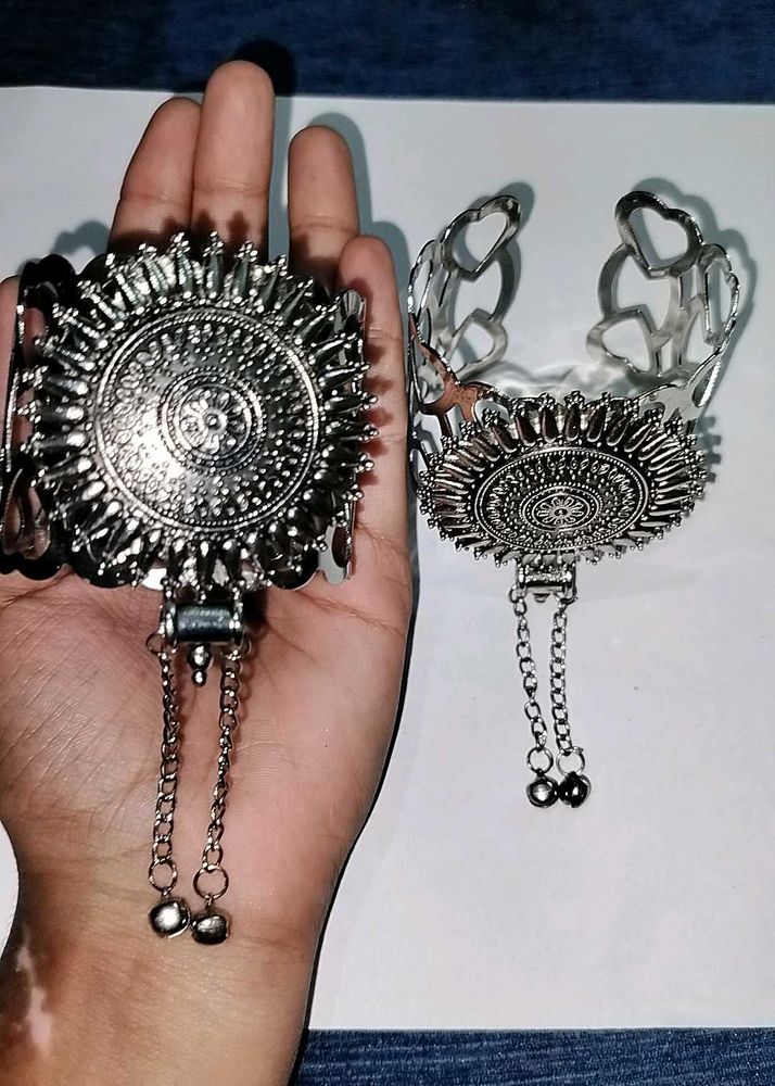 2 piece set Boho Oxidized Silver Cuff Bracelet wit