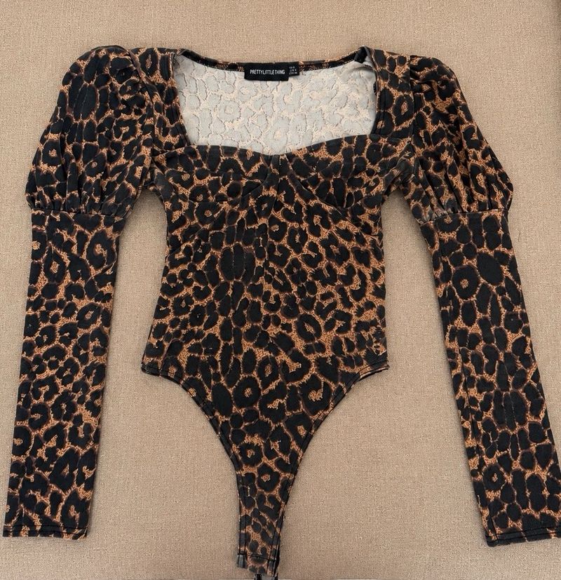 Leopard Print Peplum Long Sleeve Bodysuit