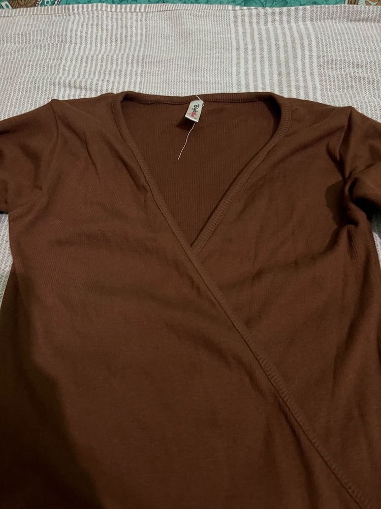 Brown V-Neck Wrap Top