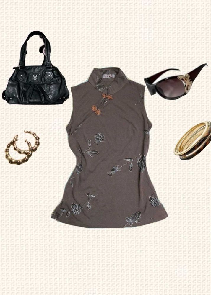 y2k vintage taupe cheongsam top