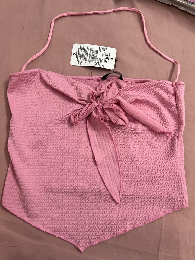 Pink Textured Halter Neck Crop Top