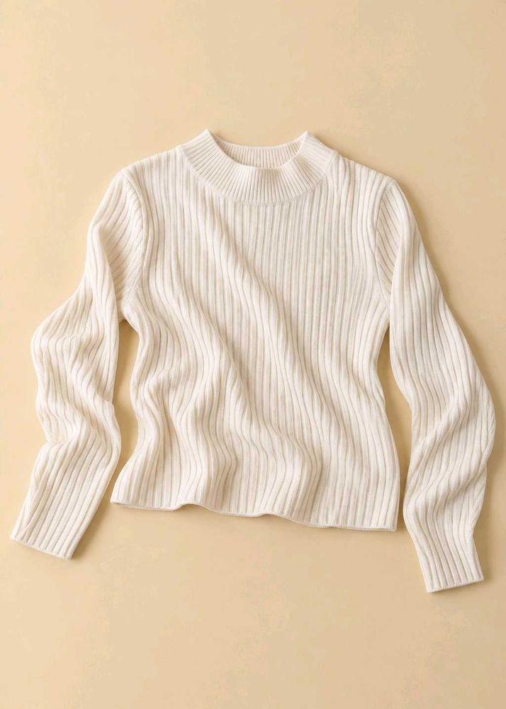 IVORY CREAM RIBBED HIGH-NECK FITTED SWEATER
