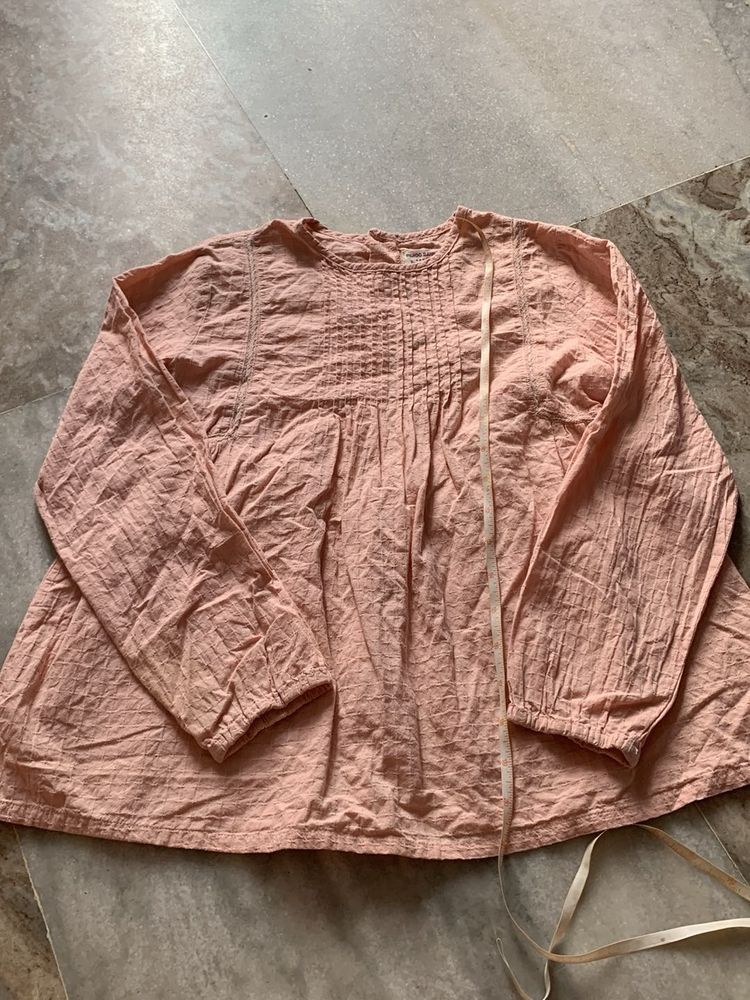 Pink Pleated Long Sleeve Top