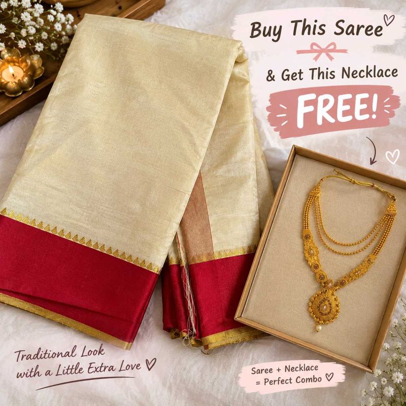 Elegant Cream &amp; Red Saree with Free Necklace