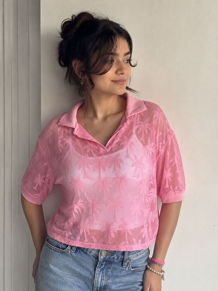 Pink Palm Tree Mesh Knit Polo Top
