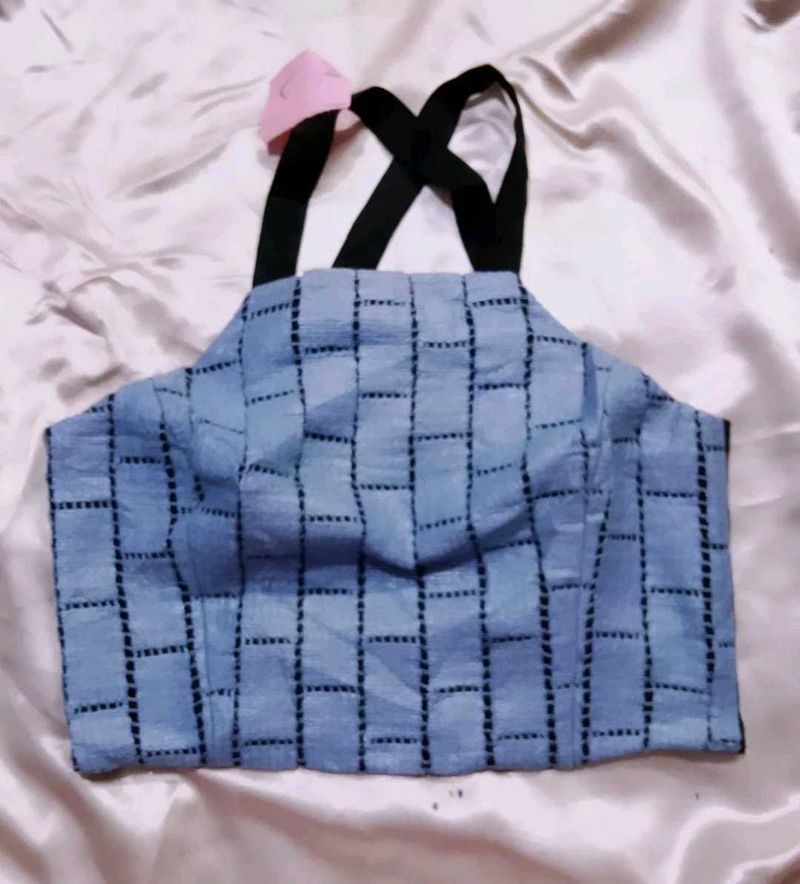 Blue Checkered Crop Top