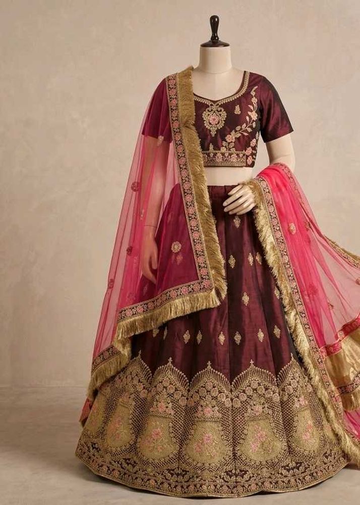 Embroidered Maroon Lehenga Choli with Pink Dupatta