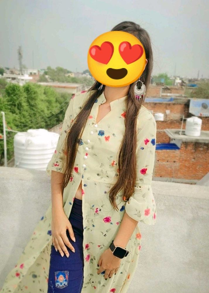 Floral Print Long Kurta with Bell Sleeves