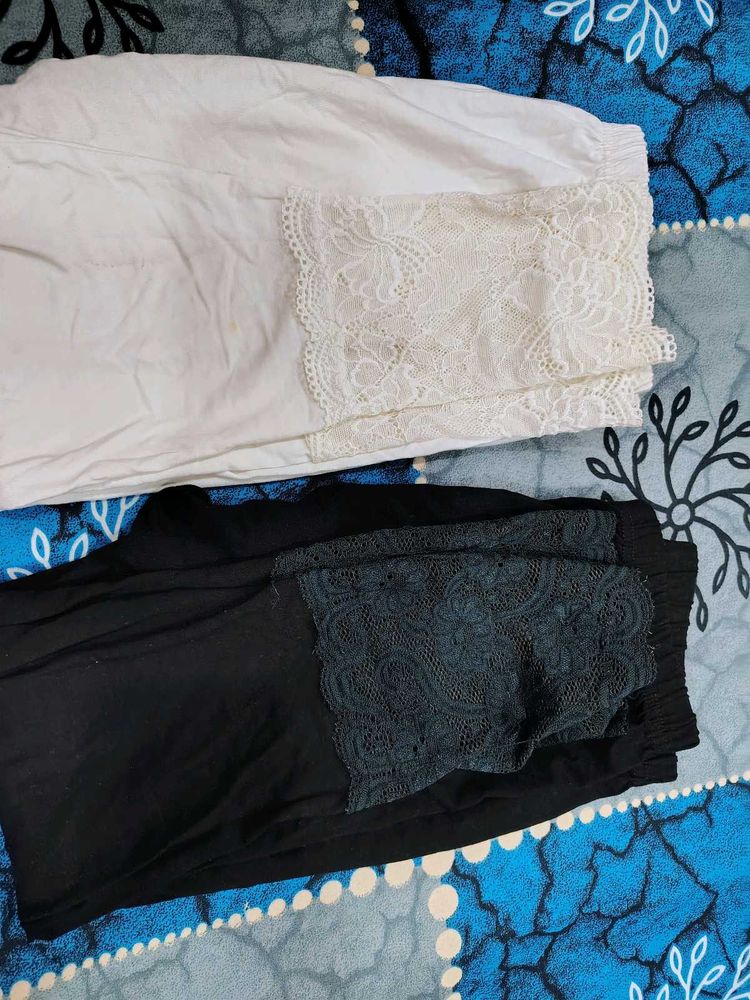Lace Trim Leggings (White &amp; Black)