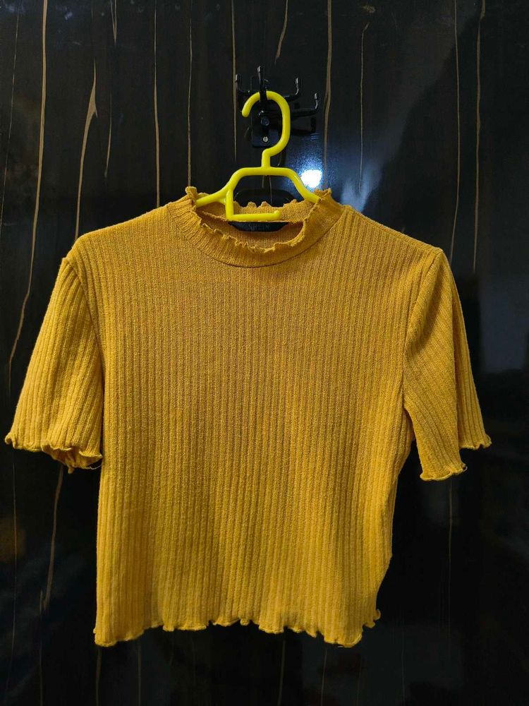 Mustard Yellow Ribbed Mock Neck Top