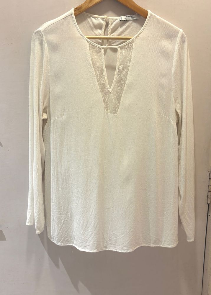 MANGO Elegant White Lace Details Top