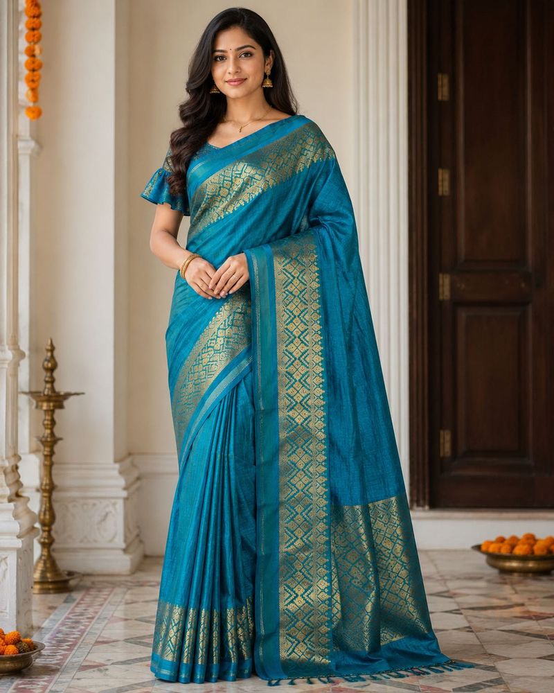 Elegant Teal Blue Silk Saree