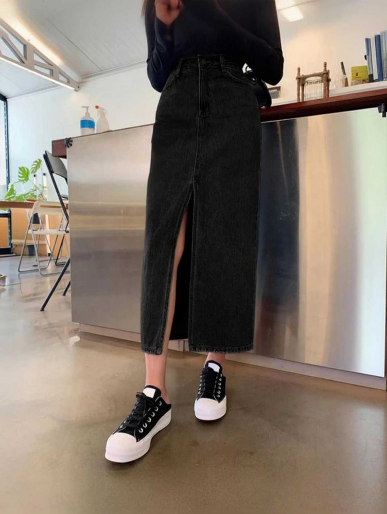 Black Denim Maxi Skirt