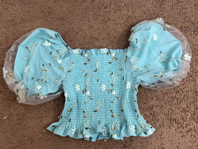 Blue Floral Mesh Sleeve Puff Top