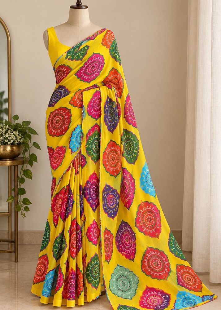 Holi color Vibrant Yellow Printed Saree