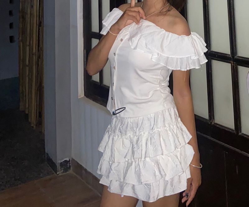 White Off-Shoulder Ruffle Top &amp; Skirt co-ord Set