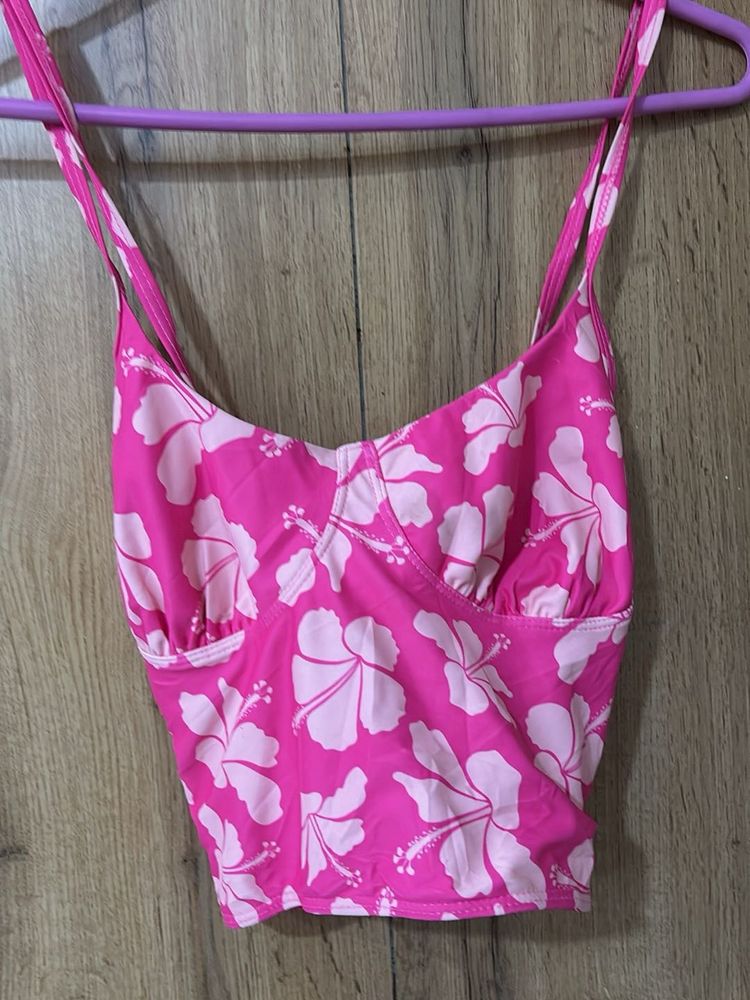 Pink Hibiscus Print Cropped Top
