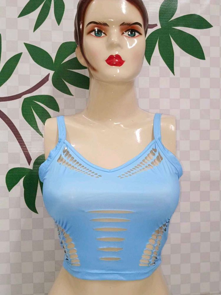 (400)Blue Cutout Crop Top