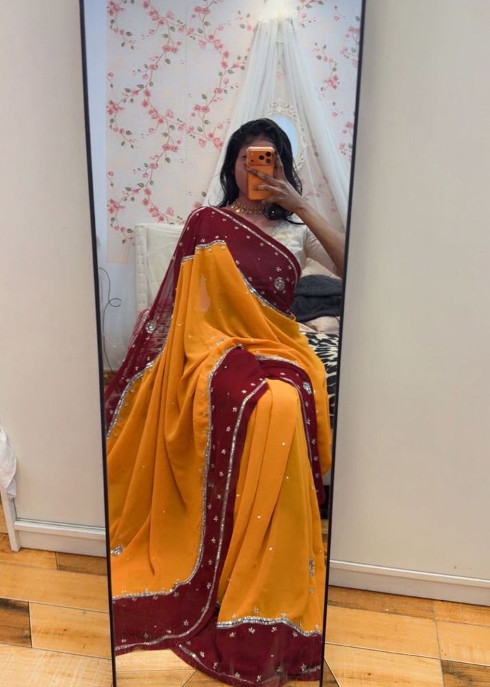 Beautiful Yellow &amp; Maroon Saree