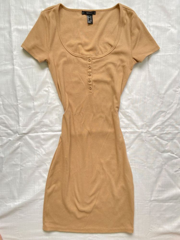 Tan Ribbed Henley Dress
