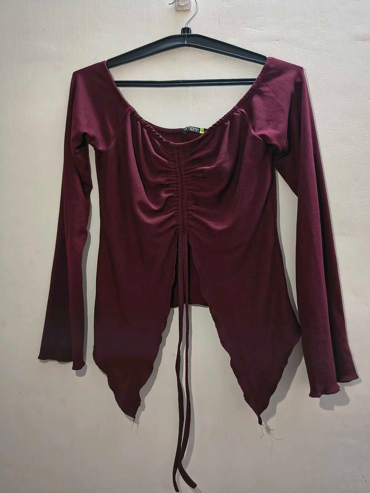 Maroon Bell Sleeve Ruched Top