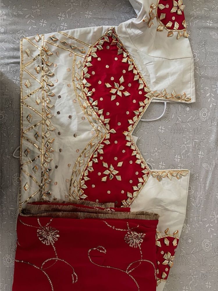 Embellished Red &amp; White  Blouse &amp; duppata