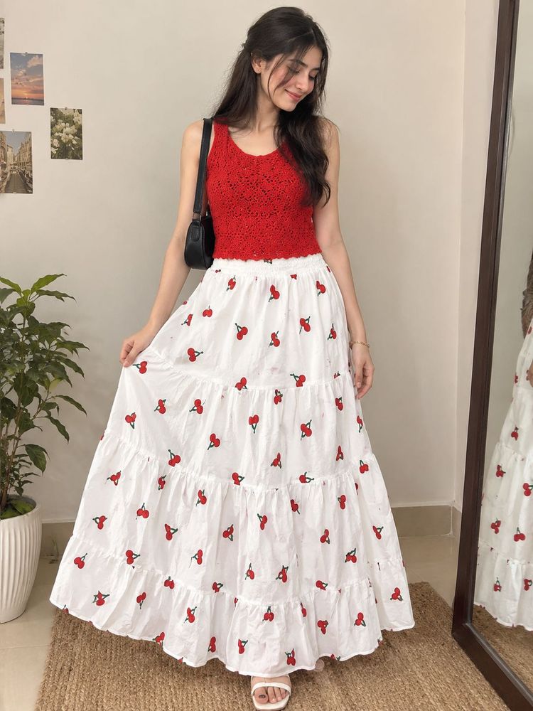 Crochet top with cherry print skirt 🍒
