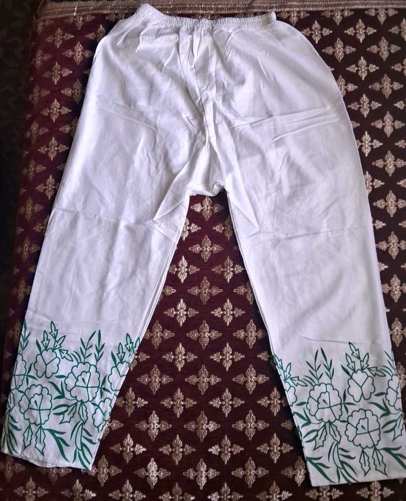 White Palazzo with Green Floral Embroidery
