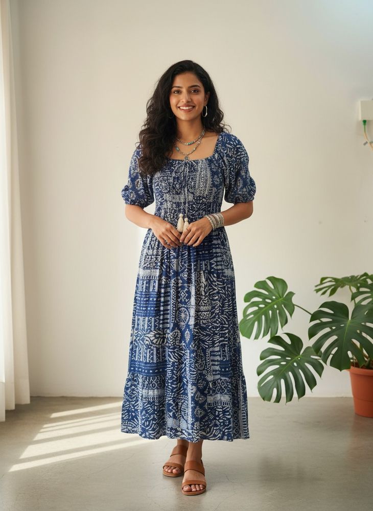 Bohemian Blue Printed Midi Dress