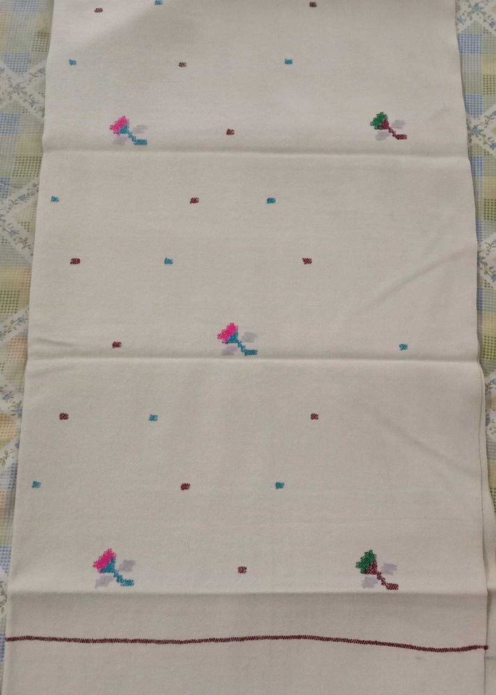 Embroidered off white woolen shawl