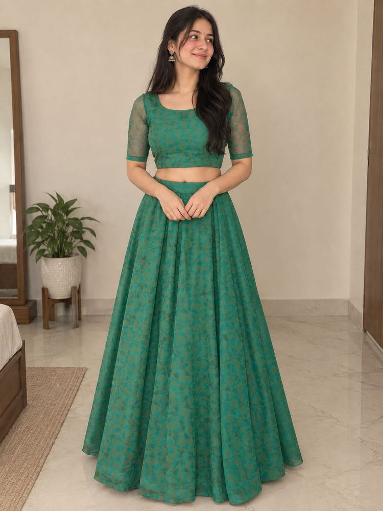Stitched Green Printed Lehenga Choli Set