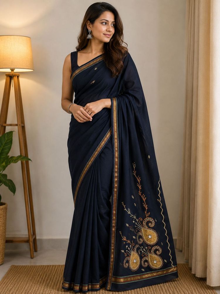 Elegant Navy Blue Embroidered Saree