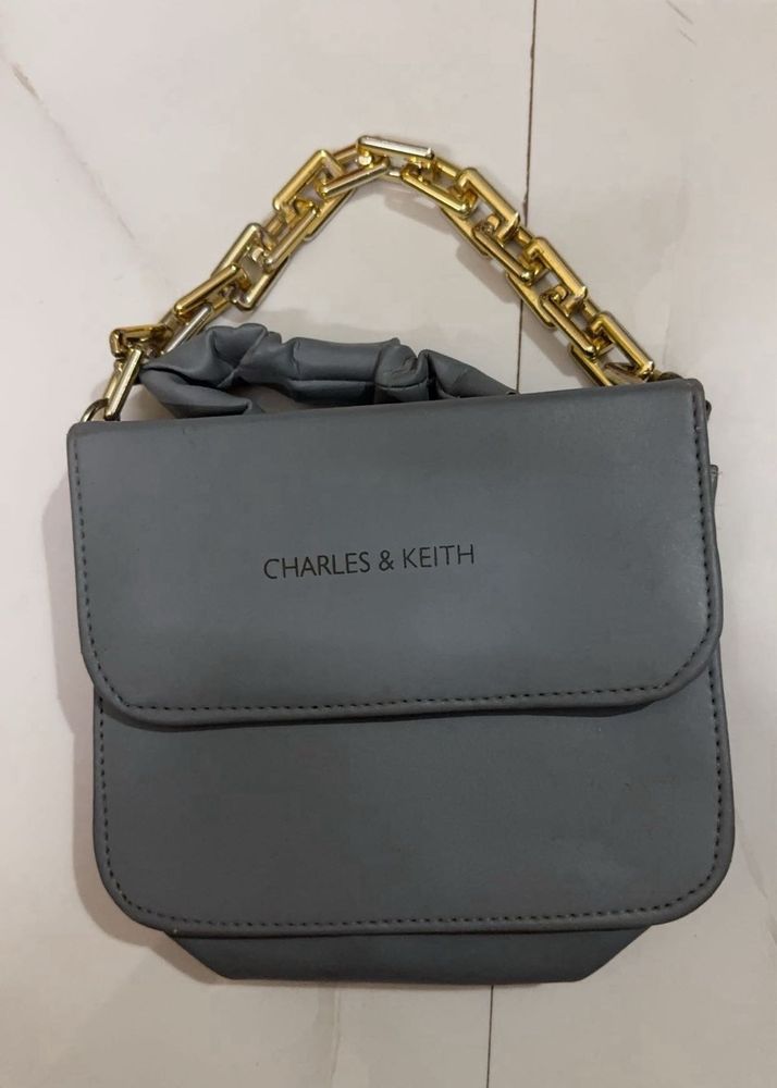 Charles &amp; Keith Grey Handbag with Gold Chain