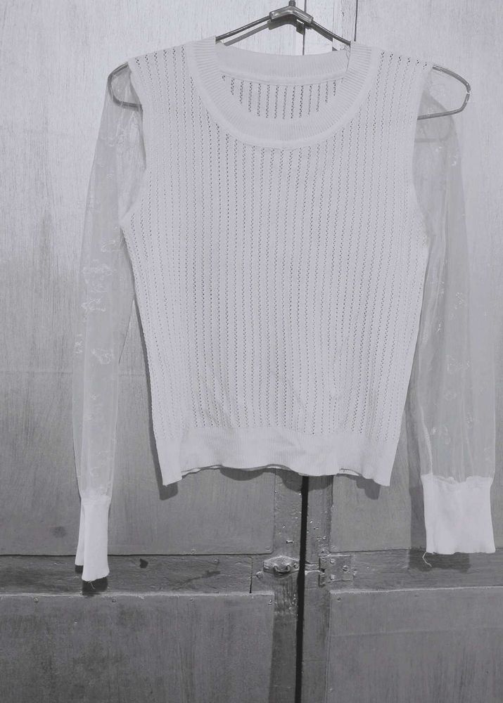 White Mesh Sleeve Knit Top