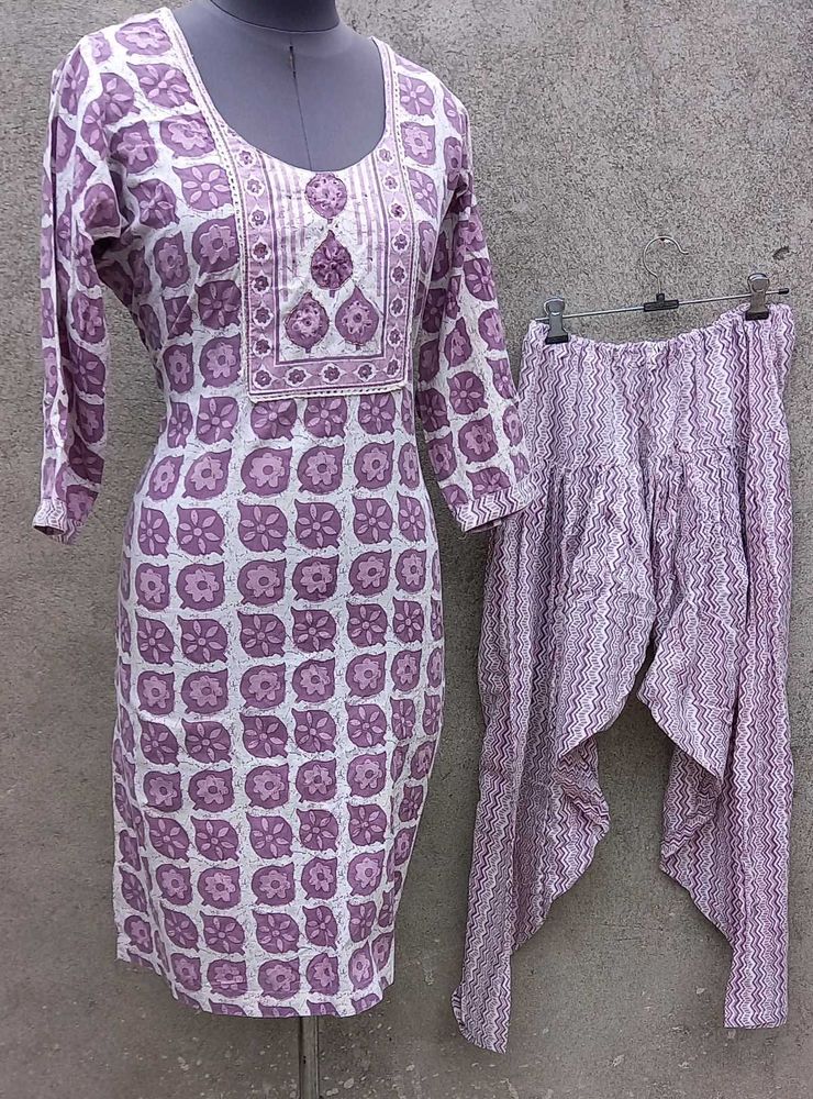 Purple Block Print Kurta With Dhoti Pants