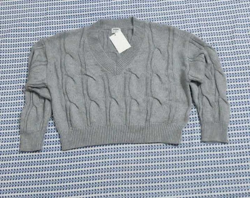 Gray Cable Knit V-Neck Sweater