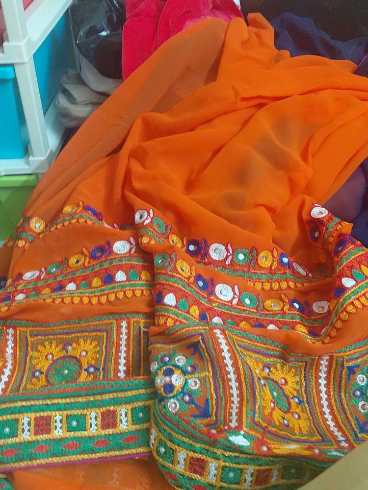 Vibrant Orange Embroidered Saree