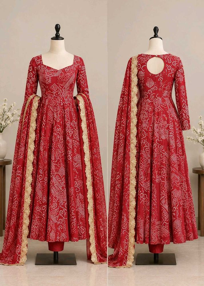 New Stunning Red Bandhani Print Anarkali Suit set