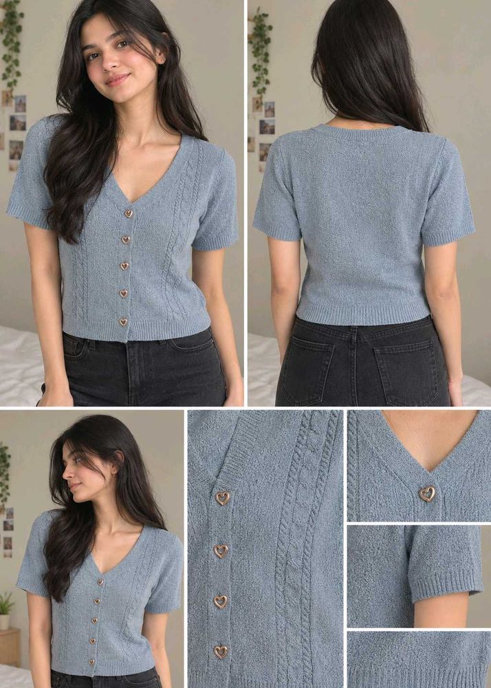 Cute Blue Knit top with Heart Buttons