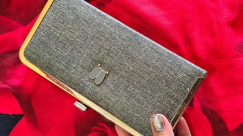 Elegant Grey Clutch with Gold Trim