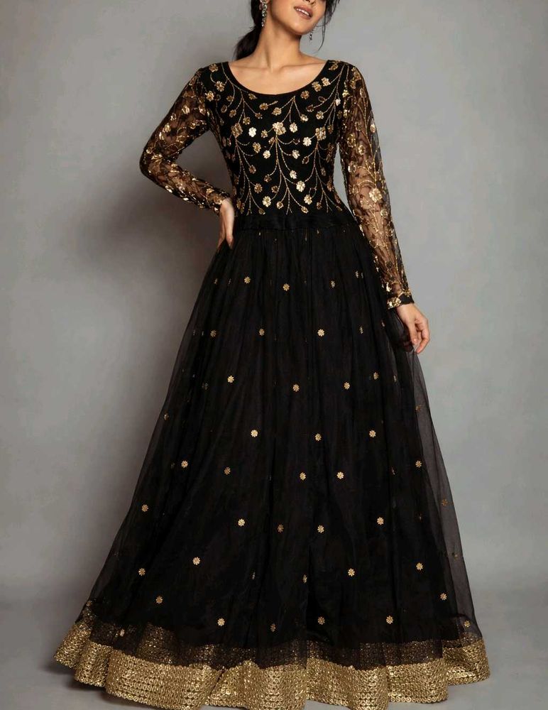 Elegant Black &amp; Gold Embellished Gown